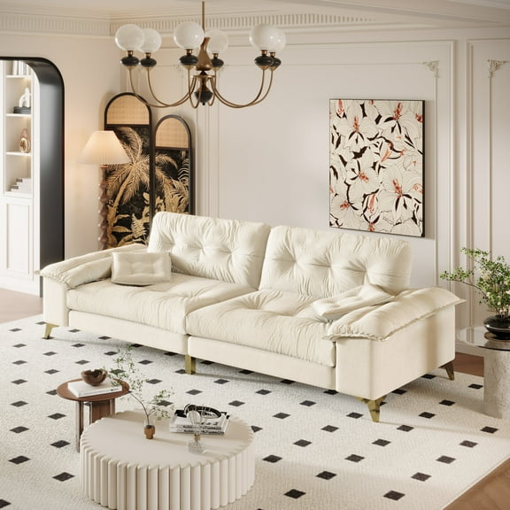 104.7" Modern Cloud Sofa with Wide Removable Armrests, Comfy 4-Seat Chenille Upholstered Couch with 2 Pillows & Metal Legs, for Living Room, Bedroom, Apartment, Beige