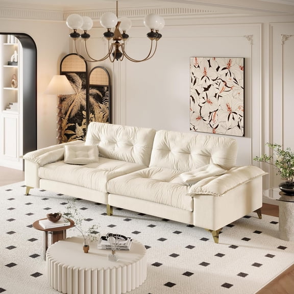 104.7'' Oversized Modern Loveseat, Luxury Chenille Couch, Deep Seat Modular Sectional Sofa, Removable Padded Armrests, Tufted Back, Gold Legs, 4-Seater Couches for Living Room Apartment, Beige