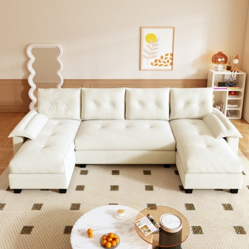 104.7" U-Shaped Convertible Sleeper Sofa with USB Ports, Pull Out Bed, Removable Armrests, Oversized Sectional with Chaise for Living Room, Beige White