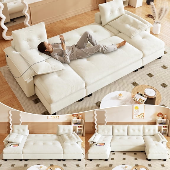 104.7" U Shaped Sectional Couch, Convertible Sleeper Couch with Pull Out Bed, Comfy Sleeper Sofa with Removable Armrests & USB Ports, Modern Sectional Couches for Living Room, Beige