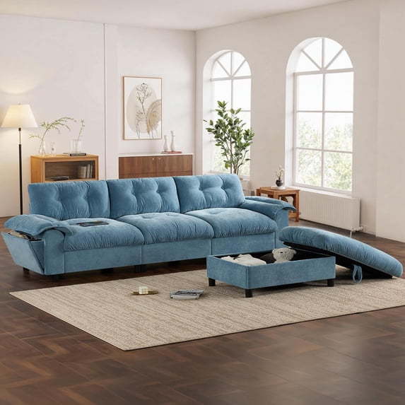 104" Cloud Couch Sectional Sofa with Storage Ottoman, L Shaped Modular Sofa with Cup Holder & Side Storage Pockets & USB Charging Port, Chenille 4-Seat Sofa for Living Room