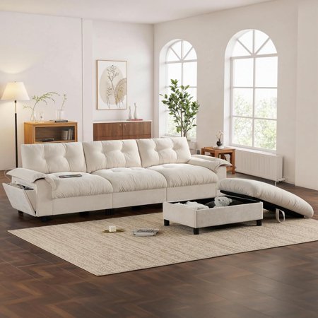 104" Cloud Couch Sectional Sofa with Storage Ottoman, L Shaped Modular Sofa with Cup Holder & Side Storage Pockets & USB Charging Port, Chenille 4-Seat Sofa for Living Room