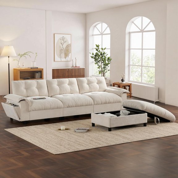 104" Cloud Couch Sectional Sofa with Storage Ottoman, L Shaped Modular Sofa with Cup Holder & Side Storage Pockets & USB Charging Port, Chenille 4-Seat Sofa for Living Room