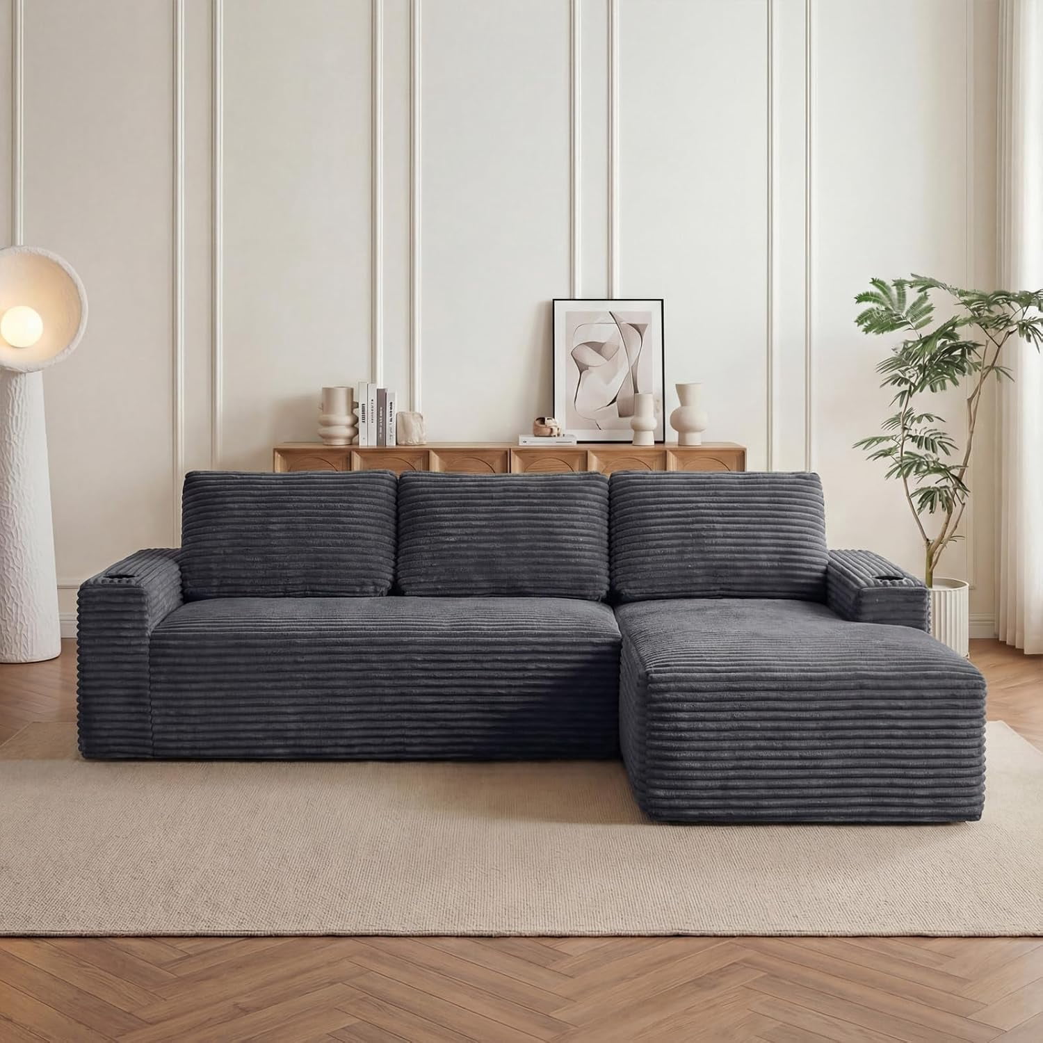 104" Cloud Modular Sectional Sofa, Corduroy Boneless L-Shape Chaise Couch with Deep Seat for Living Room Bedroom, No Assembly Required