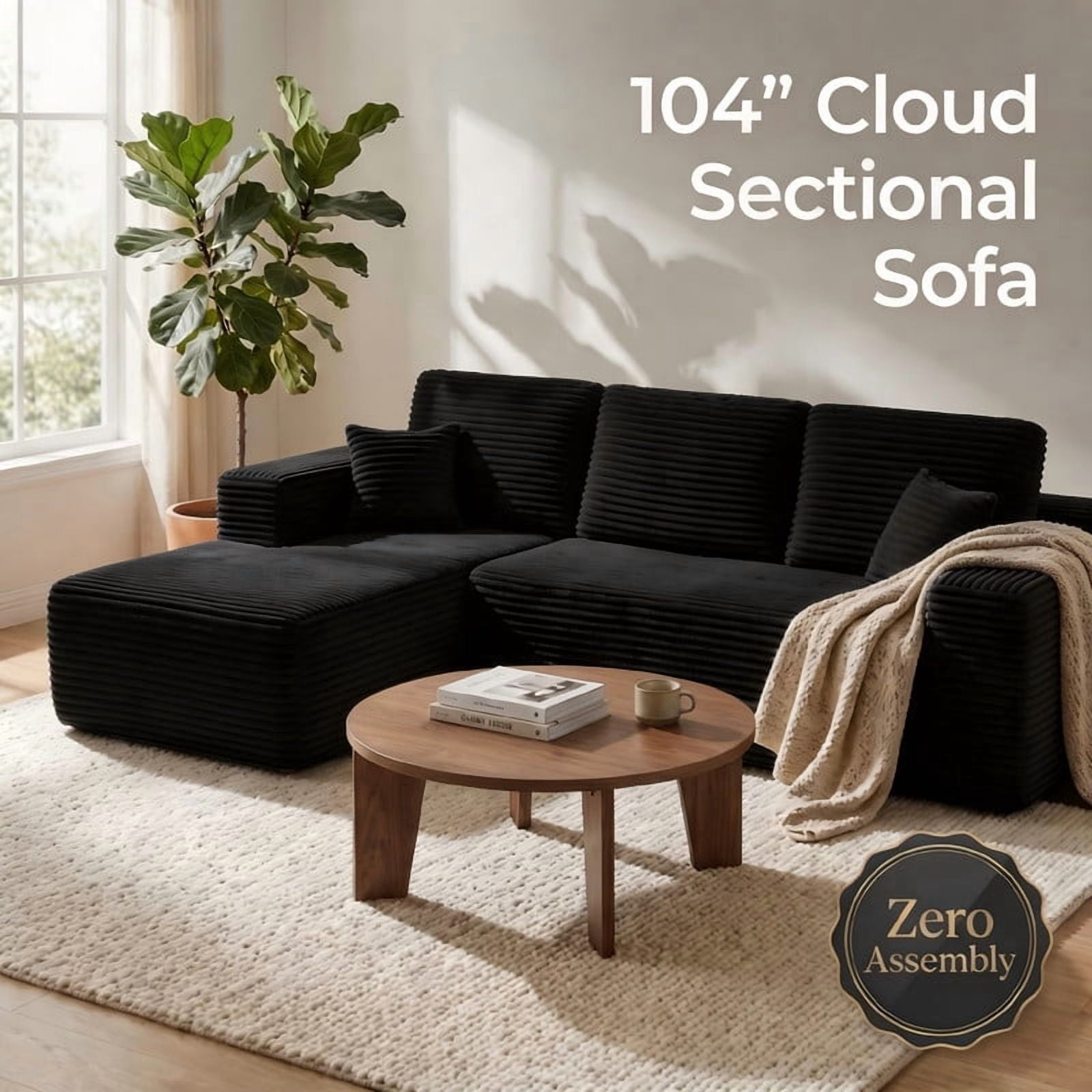 104" Cloud Sectional Couch, Boneless Sofa for Living Room, Modular Sectional Sofa with Deep Seat, Comfy Fluffy Couch with L-Shaped Chaise, No Assembly Required (Left-Facing Chaise, Black)