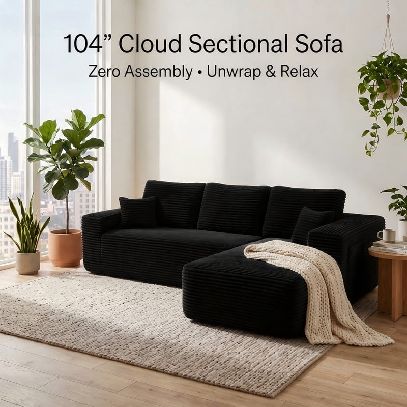 104" Cloud Sectional Couch, Boneless Sofa for Living Room, Modular Sectional Sofa with Deep Seat, Comfy Fluffy Couch with L-Shaped Chaise, No Assembly Required (Right-Facing Chaise, Black)