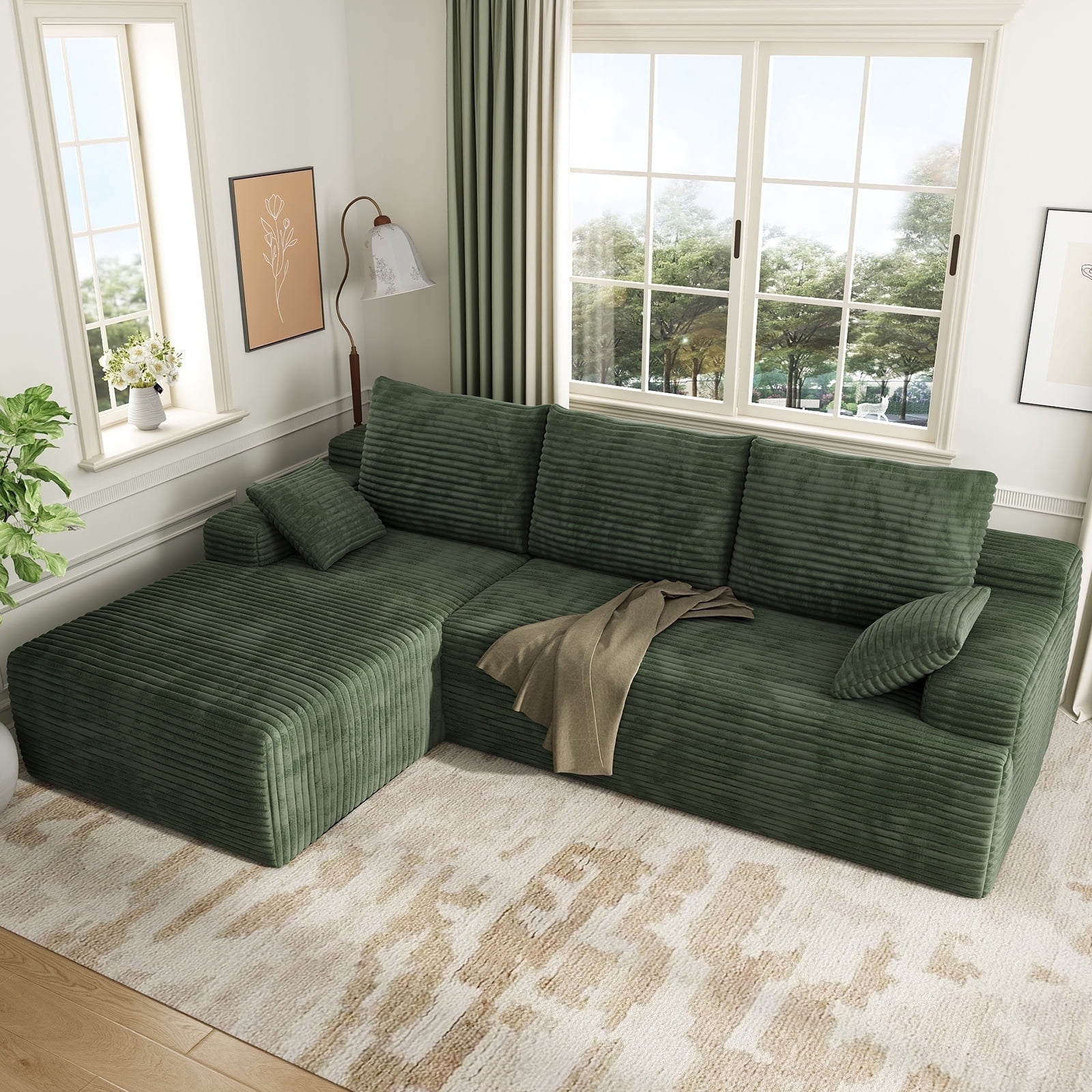 104" Cloud Sectional Couch with L-Shape Chaise, Modern Modular Sofa with Deep Seat, Upholstered Couches with Back Cushion for Living Room Bedroom, No Assembly Required, Green (Corduroy Fabric)