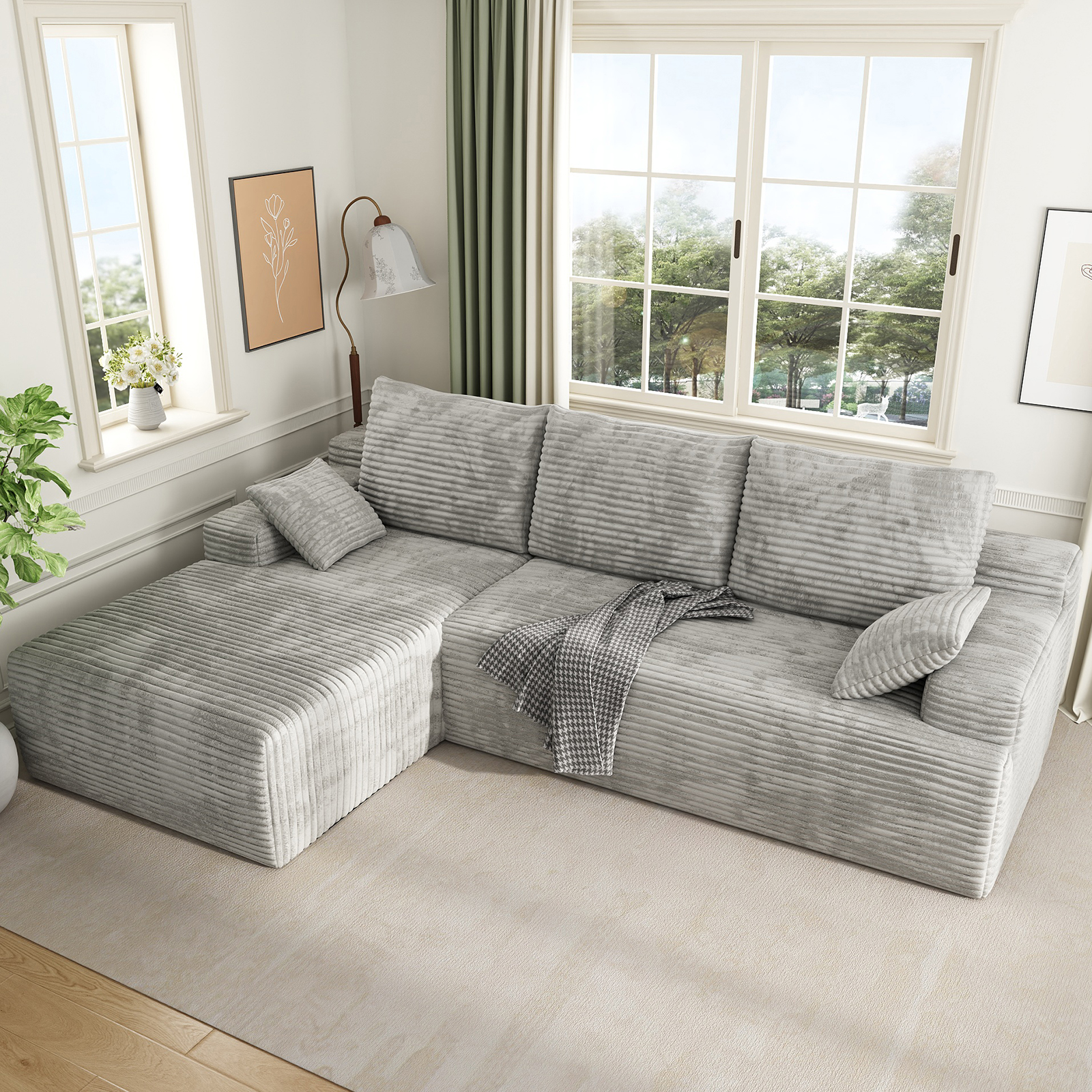 104" Cloud Sectional Couch with L-Shape Chaise, Modern Modular Sofa with Deep Seat, Upholstered Couches with Back Cushion for Living Room Bedroom, No Assembly Required, White Grey (Corduroy Fabric)