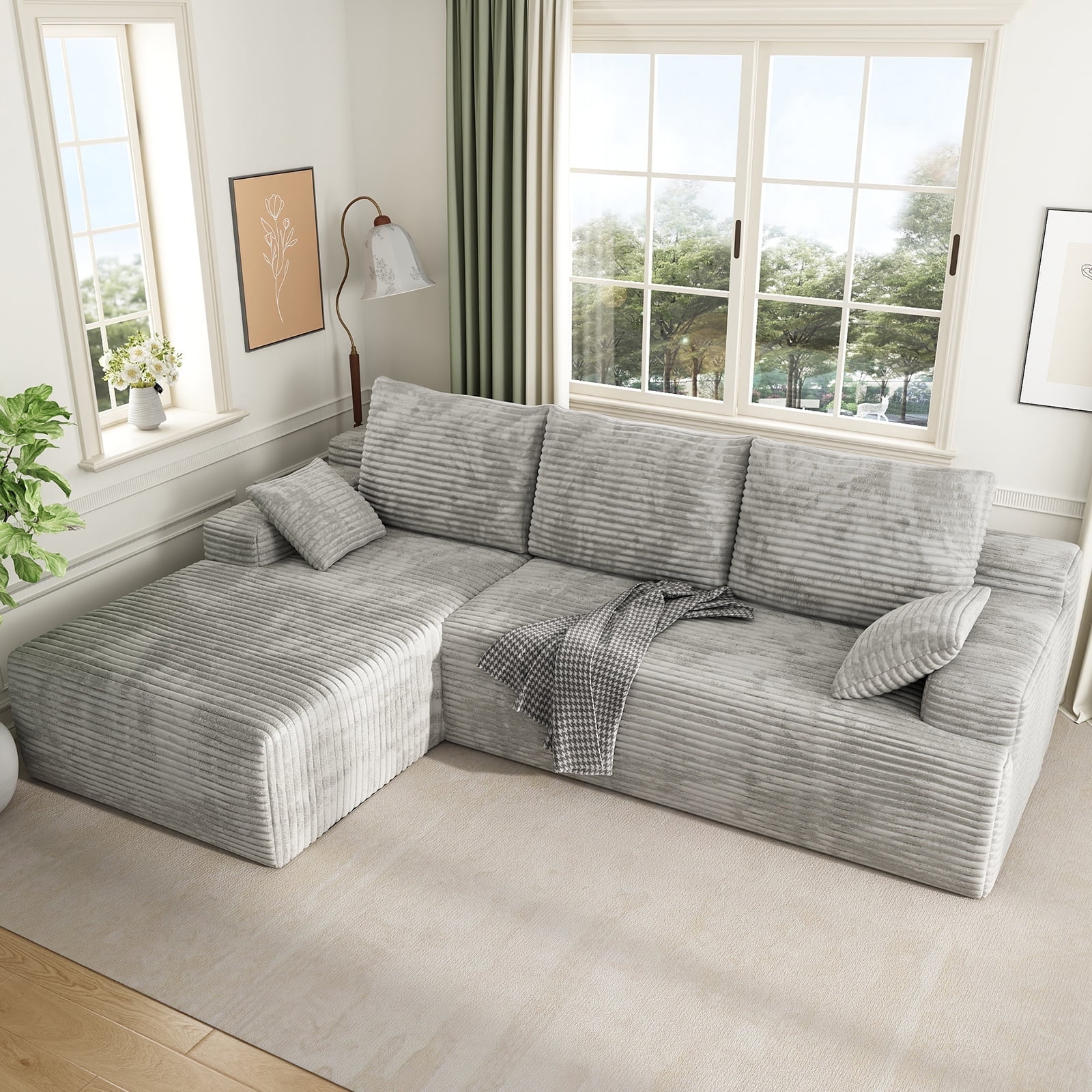 104" Cloud Sectional Couch with L-Shape Chaise, Modern Modular Sofa with Deep Seat, Upholstered Couches with Back Cushion for Living Room Bedroom, No Assembly Required, White Grey (Corduroy Fabric)
