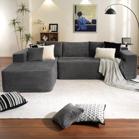 104" Cloud Sectional Couch with L-Shape Chaise,Modern Modular Sofa with Deep Seat, Upholstered Couches for Living Room Bedroom,No Assembly Required, Grey (Corduroy Fabric)