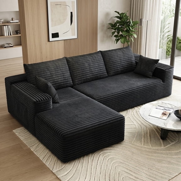 104" Cloud Sectional Couch with L-Shaped Chaise, Modern Modular Sofa with Deep Seats, Corduroy Upholstered Couch with Back Cushions for Living Room & Bedroom, No Assembly Required, Black