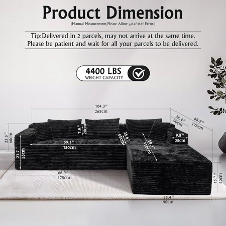 104" Cloud Sectional Couch with L-Shape Chaise, Sofa for Living Room - Deep Comfort, No Assembly Required (Luxurious Corduroy Fabric)