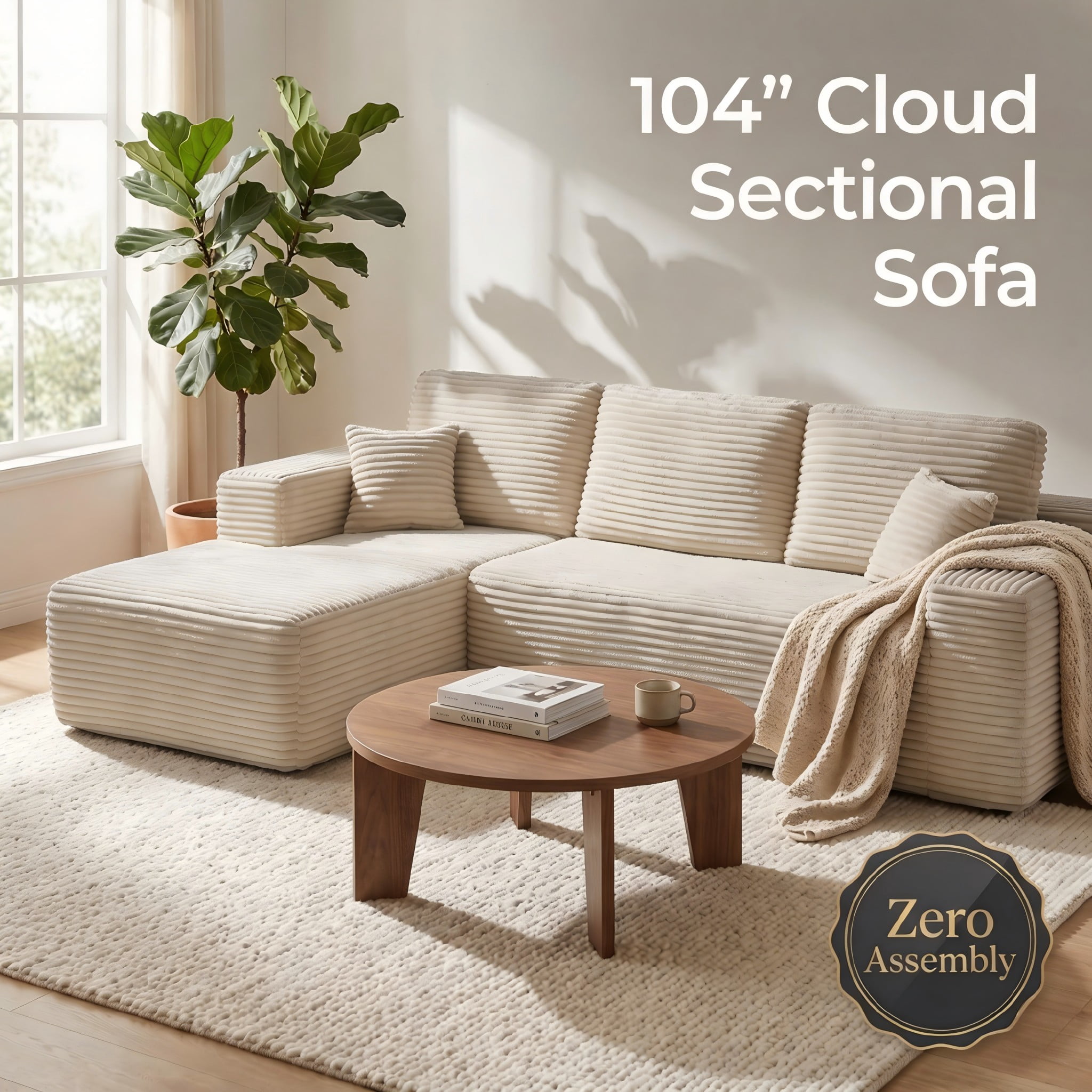 104" Cloud Sectional Sofa with Chaise, L-Shaped Corduroy Couch for Living Room, Zero Assembly, Memory Foam & Pocket Spring, Arrives in 2 Boxes, Left Facing (Beige)