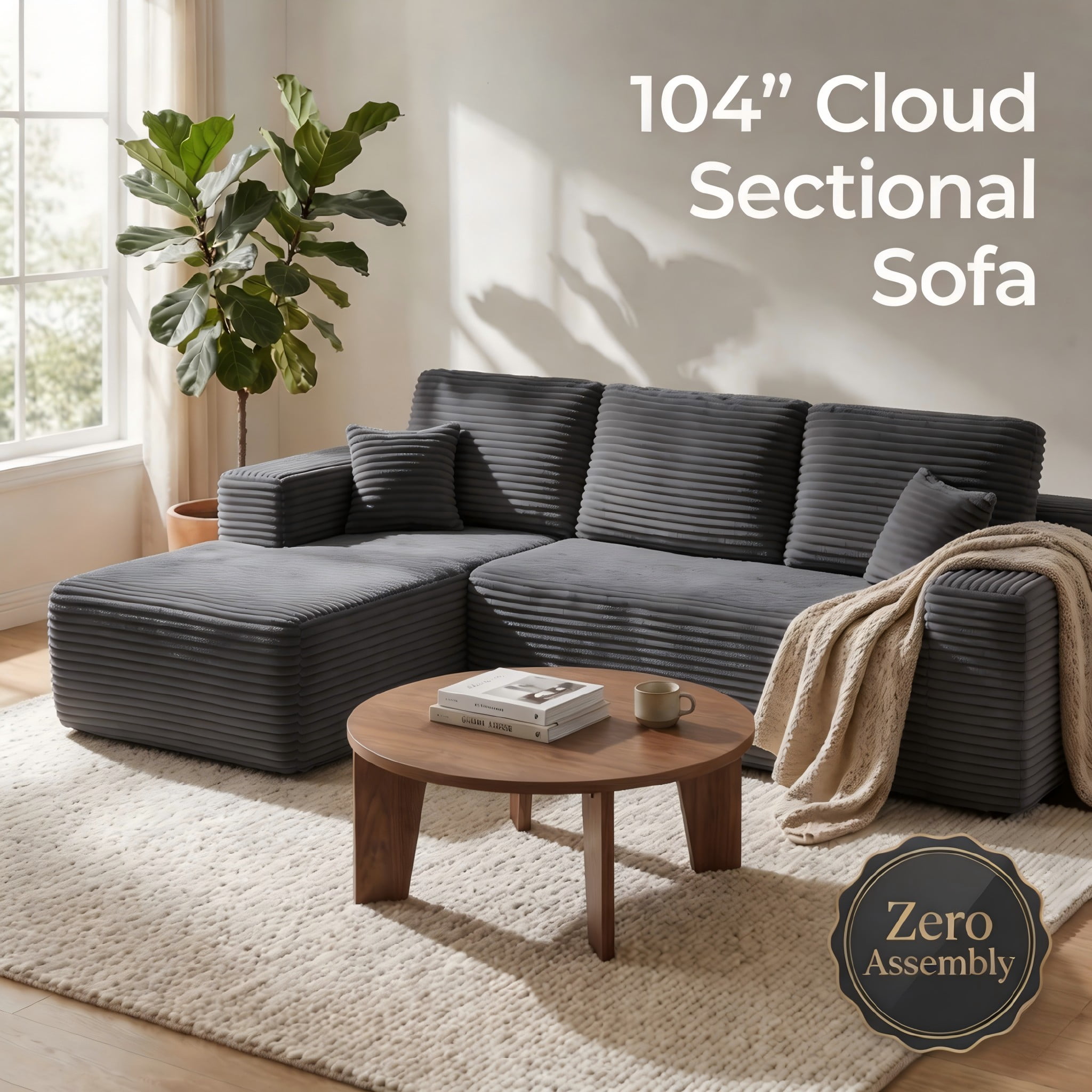 104" Cloud Sectional Sofa with Chaise, L-Shaped Corduroy Couch for Living Room, Zero Assembly, Memory Foam & Pocket Spring, Arrives in 2 Boxes, Left Facing (Grey)