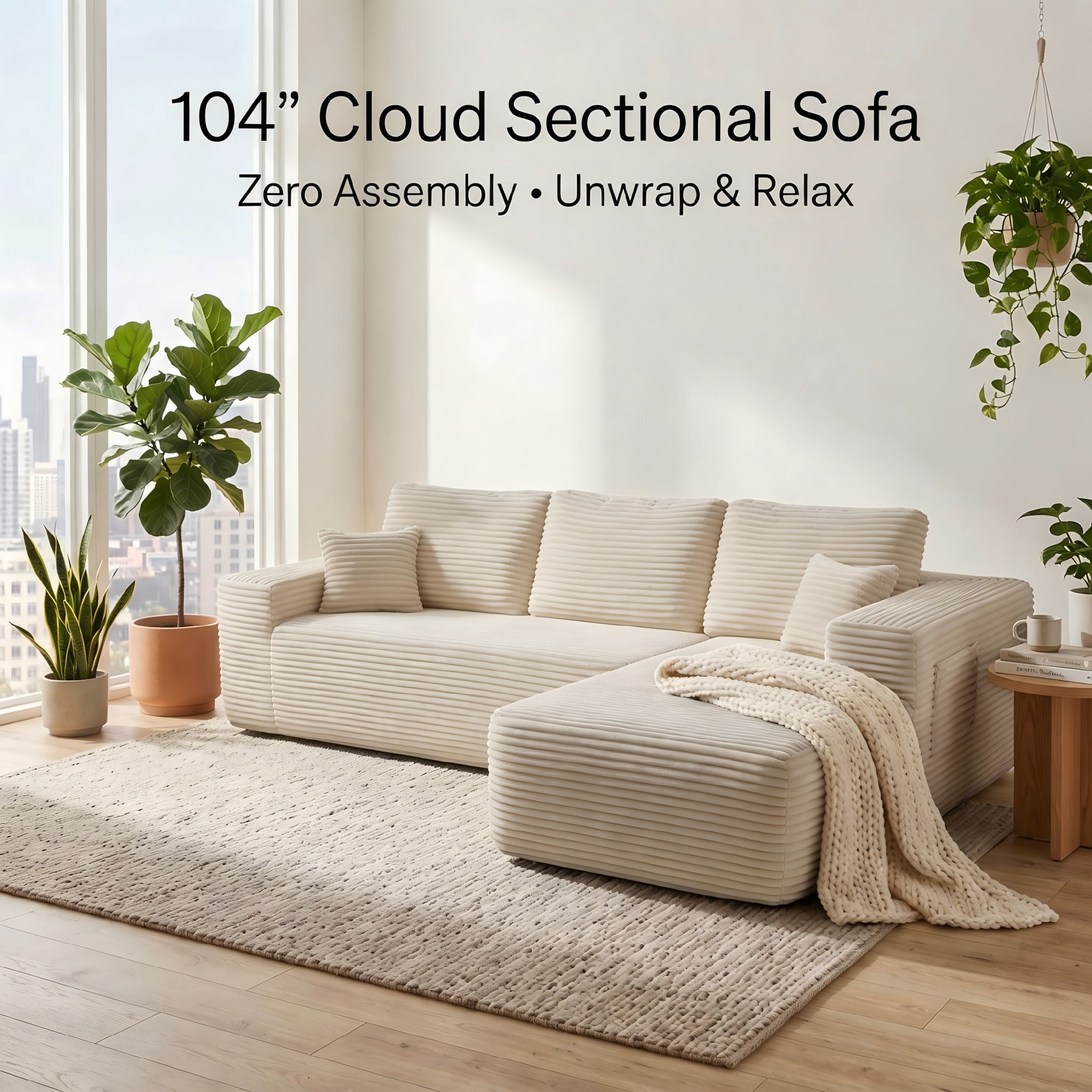 104" Cloud Sectional Sofa with Chaise, L-Shaped Corduroy Couch for Living Room, Zero Assembly, Memory Foam & Pocket Spring, Arrives in 2 Boxes, Right Facing (Beige)