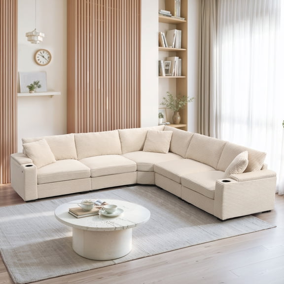 104" Convertible L-Shaped Sectional Sofa, Corduroy Corner Couch with Armrest Storage, Cup Holders, USB Charger, Irregular Corner, Oversized Comfy Modular Sofa for Living Room&Apartment No.8204