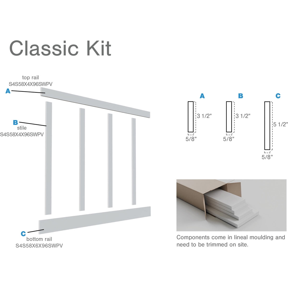 104" Height with 20" Wide Adjustable Wall Panels, Classic Shaker 8' PVC Wainscoting Kit, (for heights up to 104"H)