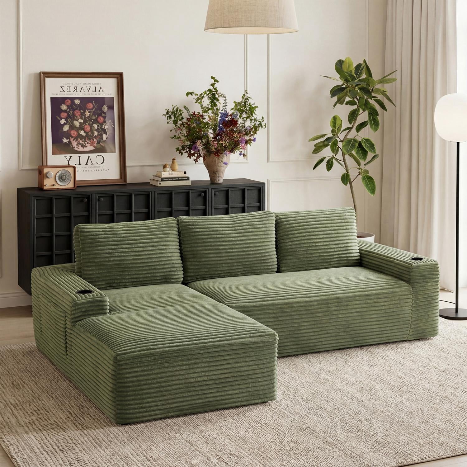 104 Inch Cloud Sectional Couch, Modern Modular Sectional Sofa with Deep Seat and Built-in Cup Holders for Living Room No Assembly Needed, Green