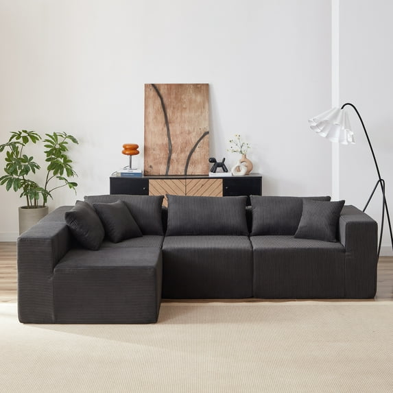 104 Inch L-Shaped Modular Sectional Sofa, 4 Seater Corduroy Fabric Cloud Couch with Foam-Filled Comfort, Versatile Layout Options, No Assembly Required, Black for Living Room & Bedroom Use