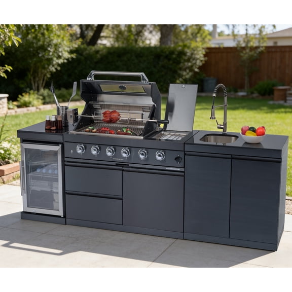 104-Inch Modular Outdoor Kitchen Island: 4-Burner 72000 BTU Gas Grill with Stainless Steel Sink, Wine Cooler Refrigerator, Granite Countertop, Rotisserie Kit, 304 Stainless Steel BBQ Bar Center