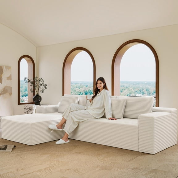 104 Inch Wide White Corduroy Sectional Sofa, Modular 2-Piece Set for Large Living Rooms, Features Reversible Chaise and High-Resilience Sponge