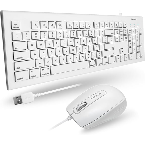 104 Key USB Wired Keyboard and Mouse Combo with Apple Shortcut Keys for Mac iMac Macbook and Windows PC (MKEYECOMBO) White