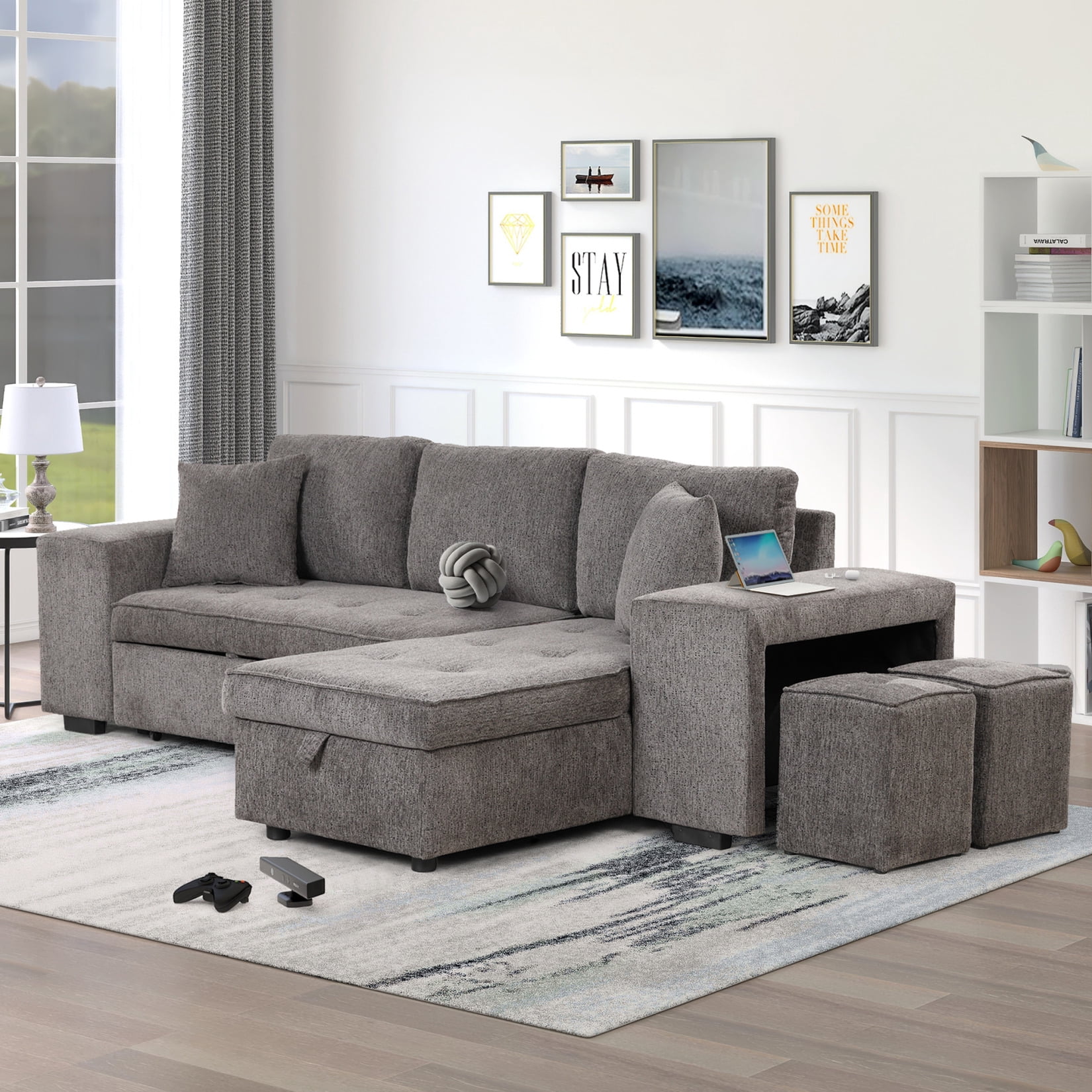 104" L-Shape Reversible Sectional Sofa with Pull Out Bed and Shelves, 3 ...