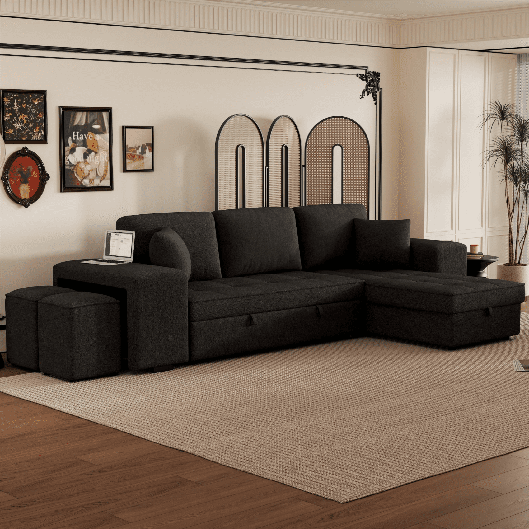 104 L Shape Reversible Sectional Sofa with Pull Out Bed and Shelves 3 Seat Convertible Sleeper Couch with Storage Chaise and 2 Stools Tufted Seater