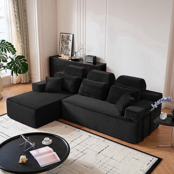 104" L-Shaped Modular Cloud Sofa, Ultra Plush Corduroy Living Room Sectional Couch with Reversible Chaise & Headrest, No Assembly, Modern Boneless Design (Black, 104" L-Shapred Chaise)