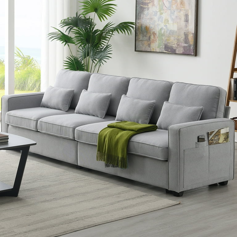 104L Upholstered Sofa,Modern 4-Seater Linen Fabric Sofa with Armrest  Pockets and 4 Pillows,Minimalist Style Living Room Sofa Comfy Sofa Couch  for