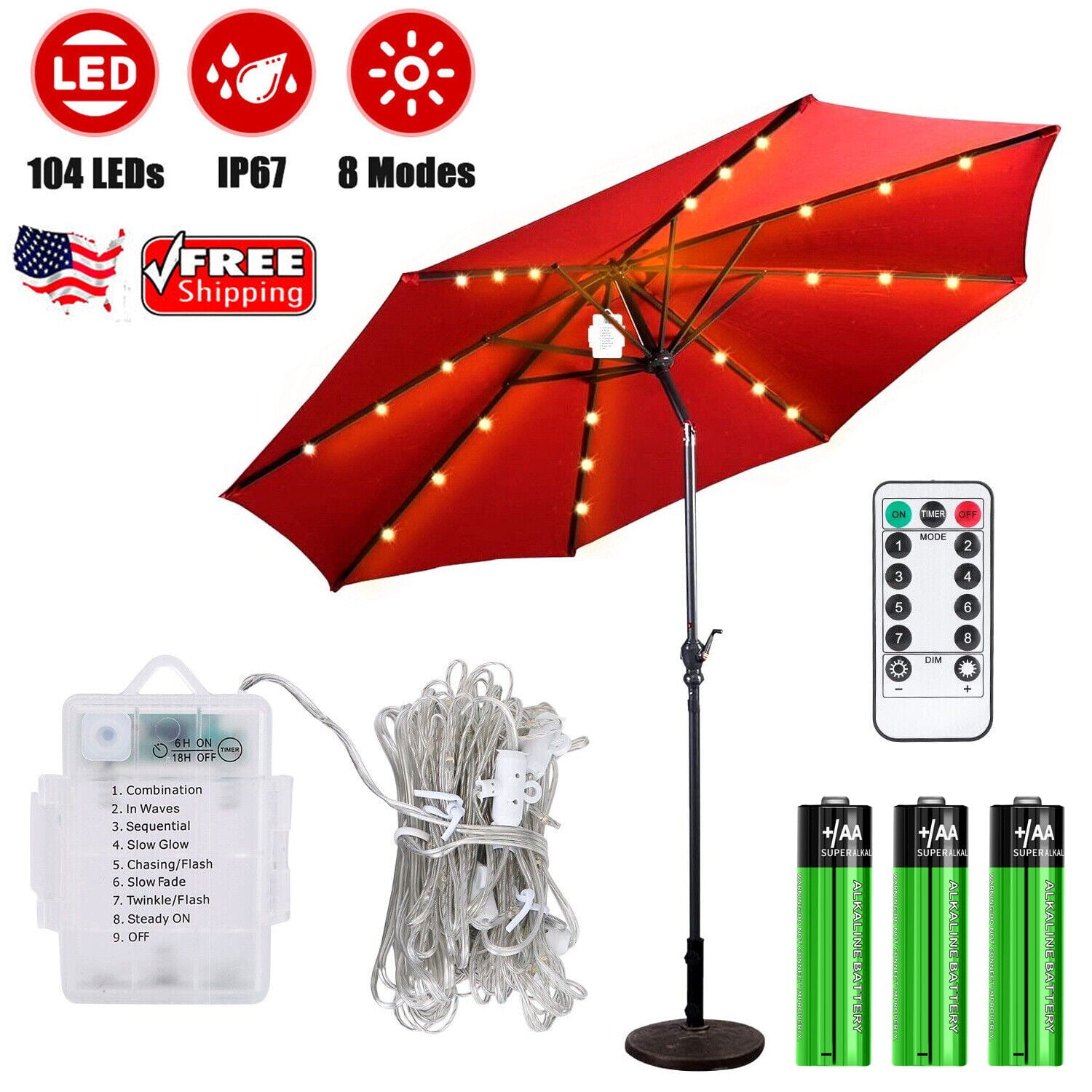 104 LED Patio Umbrella String Lights Solar or Battery Powered String