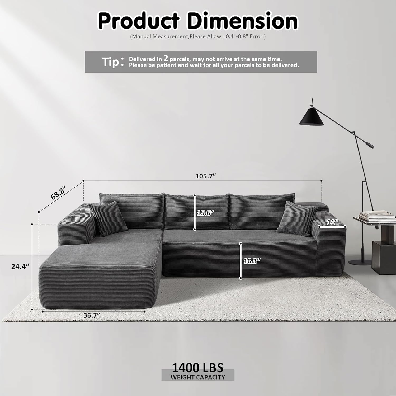 104" Modern Modular Cloud Sectional Sofa with L-Shape Chaise, Deep Seat ...