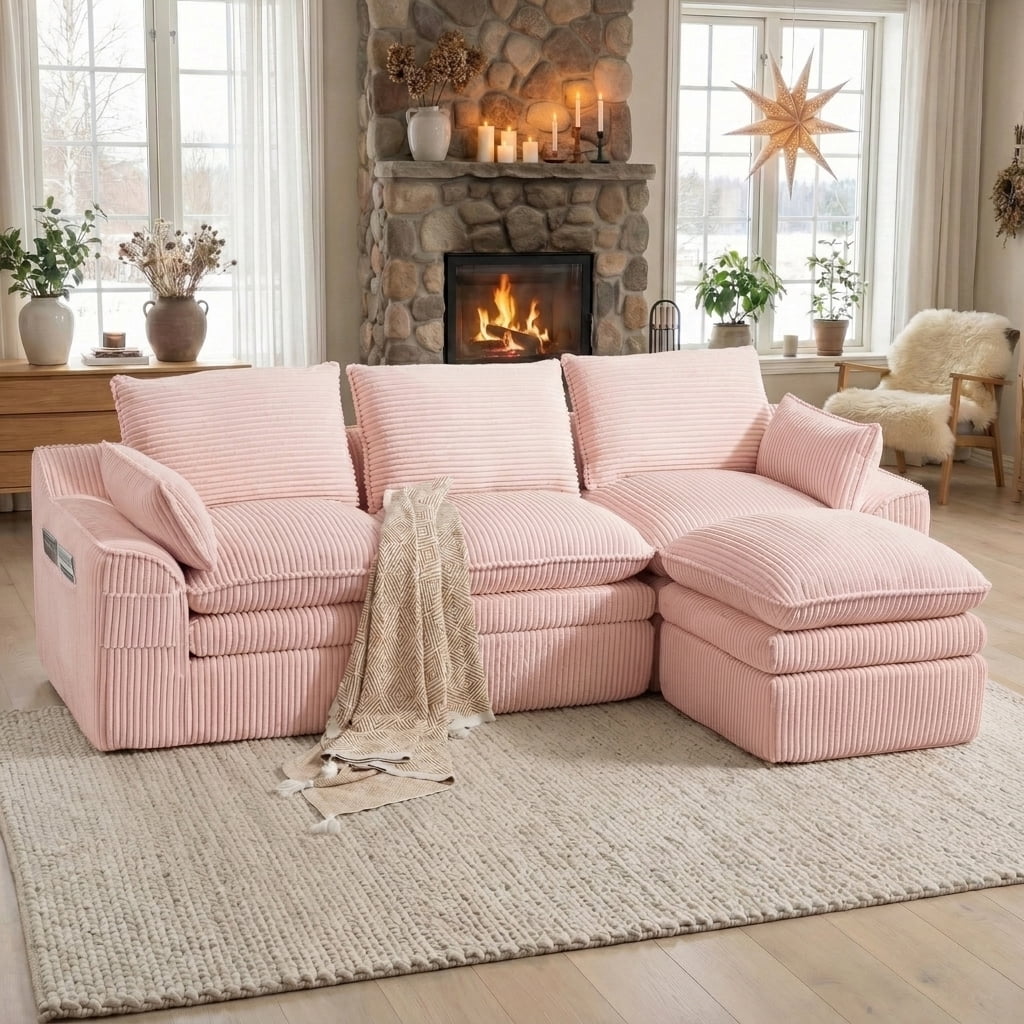 104" Modern Modular L-Shaped Sectional Cloud Sofa, Compressed Corduroy Floor Couch with Movable Ottoman