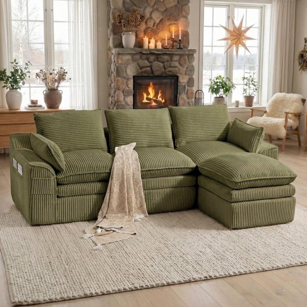 104" Modern Modular L-Shaped Sectional Cloud Sofa, Compressed Corduroy Floor Couch with Movable Ottoman