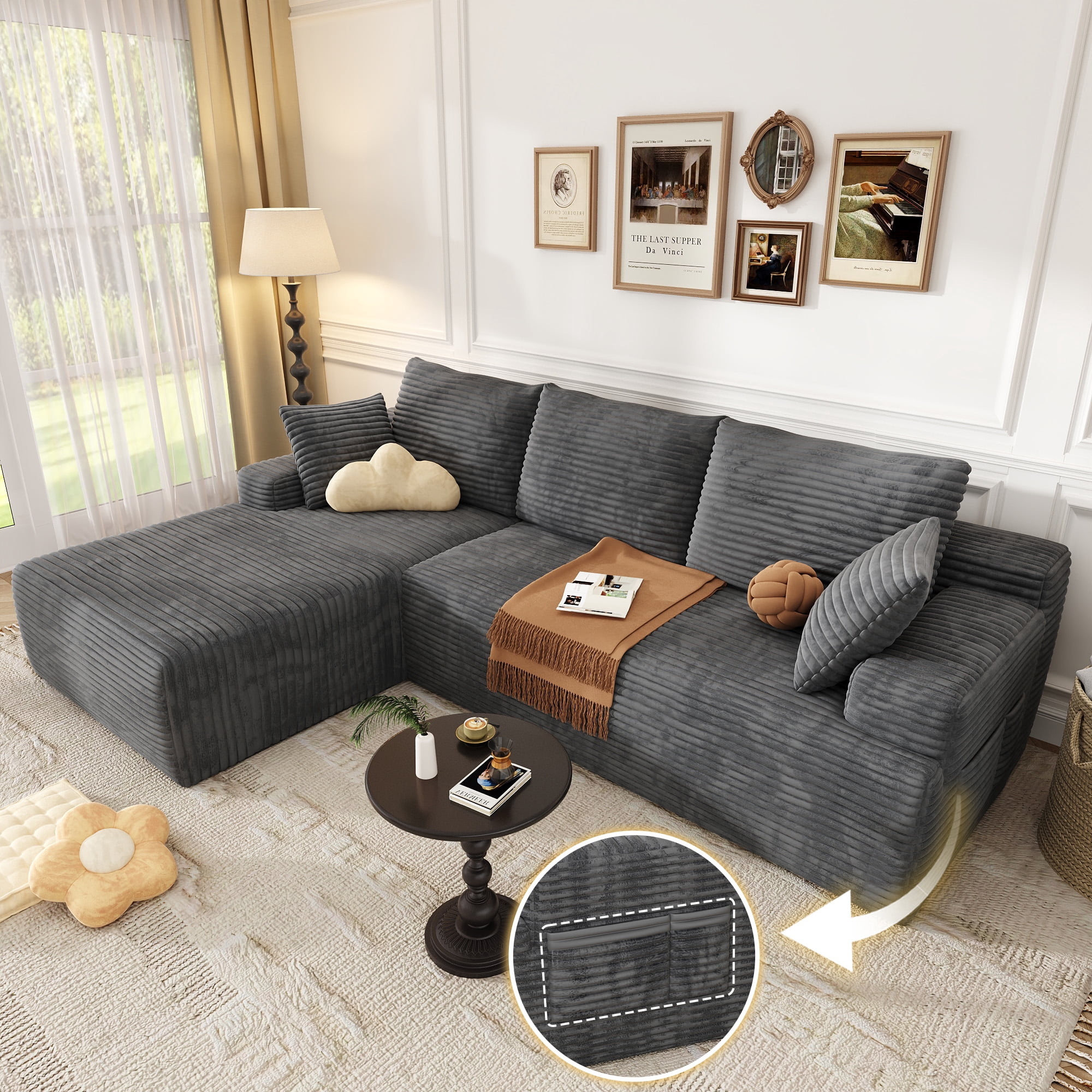104" Modular L-Shaped Sectional Sofa, No Assembly Required Boneless Sofa with Chaise, High Resilience Foam & Corduroy Fabric, for Living Room Bedroom,(Charcoal)