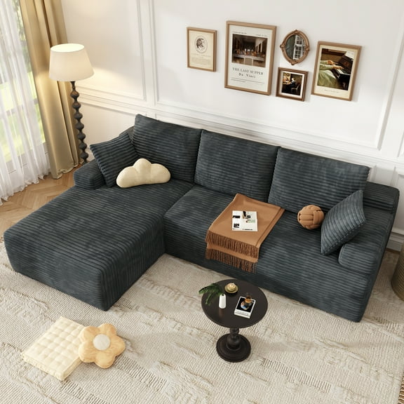 104" Modular L-Shaped Sectional Sofa, No Assembly Required Boneless Sofa with Chaise, High Resilience Foam & Corduroy Fabric, for Living Room Bedroom,(Charcoal)