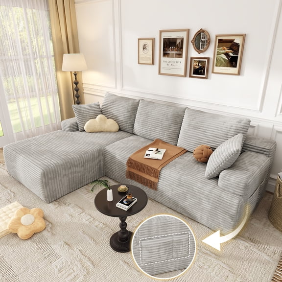 104" Modular L-Shaped Sectional Sofa, No Assembly Required Boneless Sofa with Chaise, High Resilience Foam & Corduroy Fabric, for Living Room Bedroom,(Oyster White)