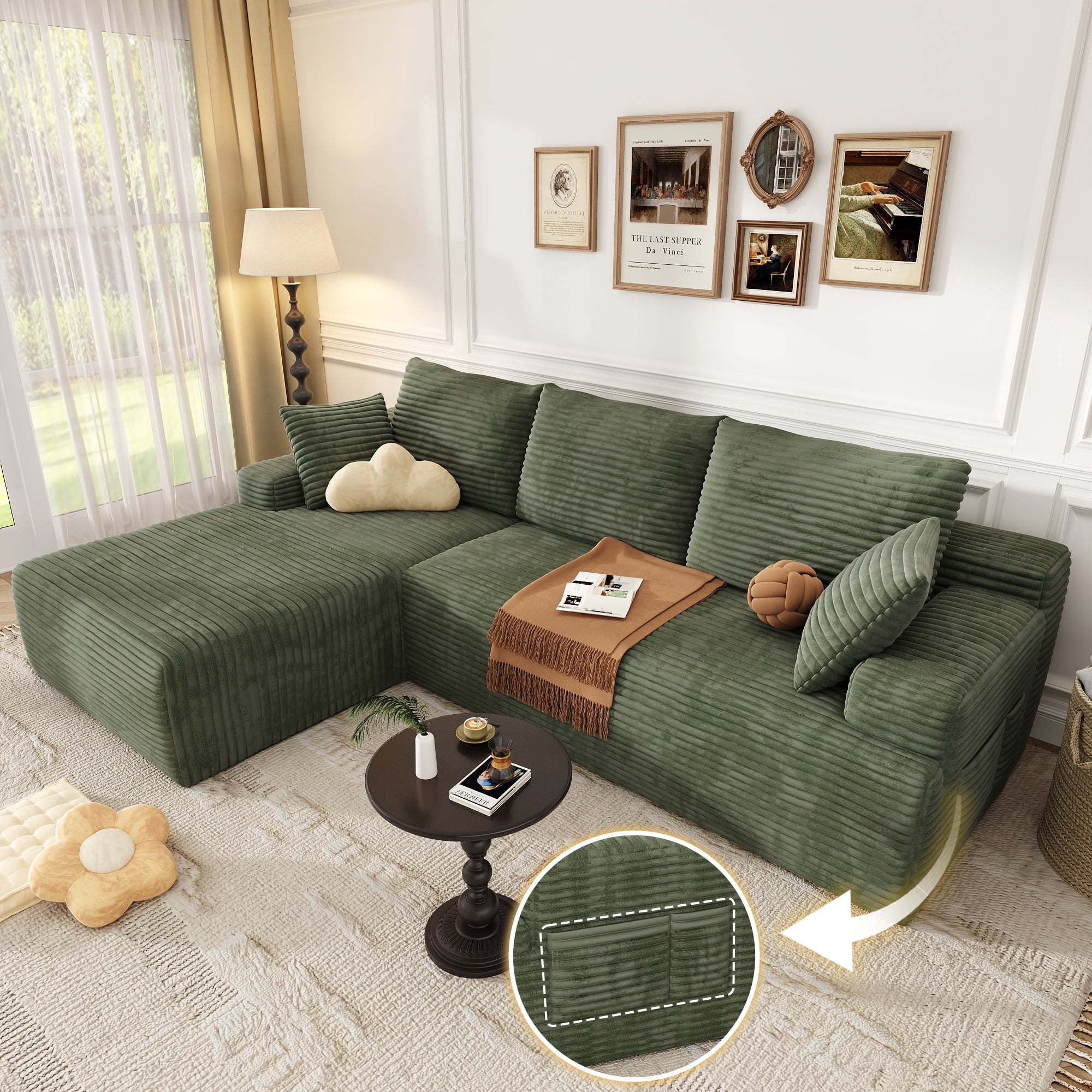 104" Modular L-Shaped Sectional Sofa, No Assembly Required Boneless Sofa with Chaise, High Resilience Foam & Corduroy Fabric, for Living Room Bedroom,(Sage Green)
