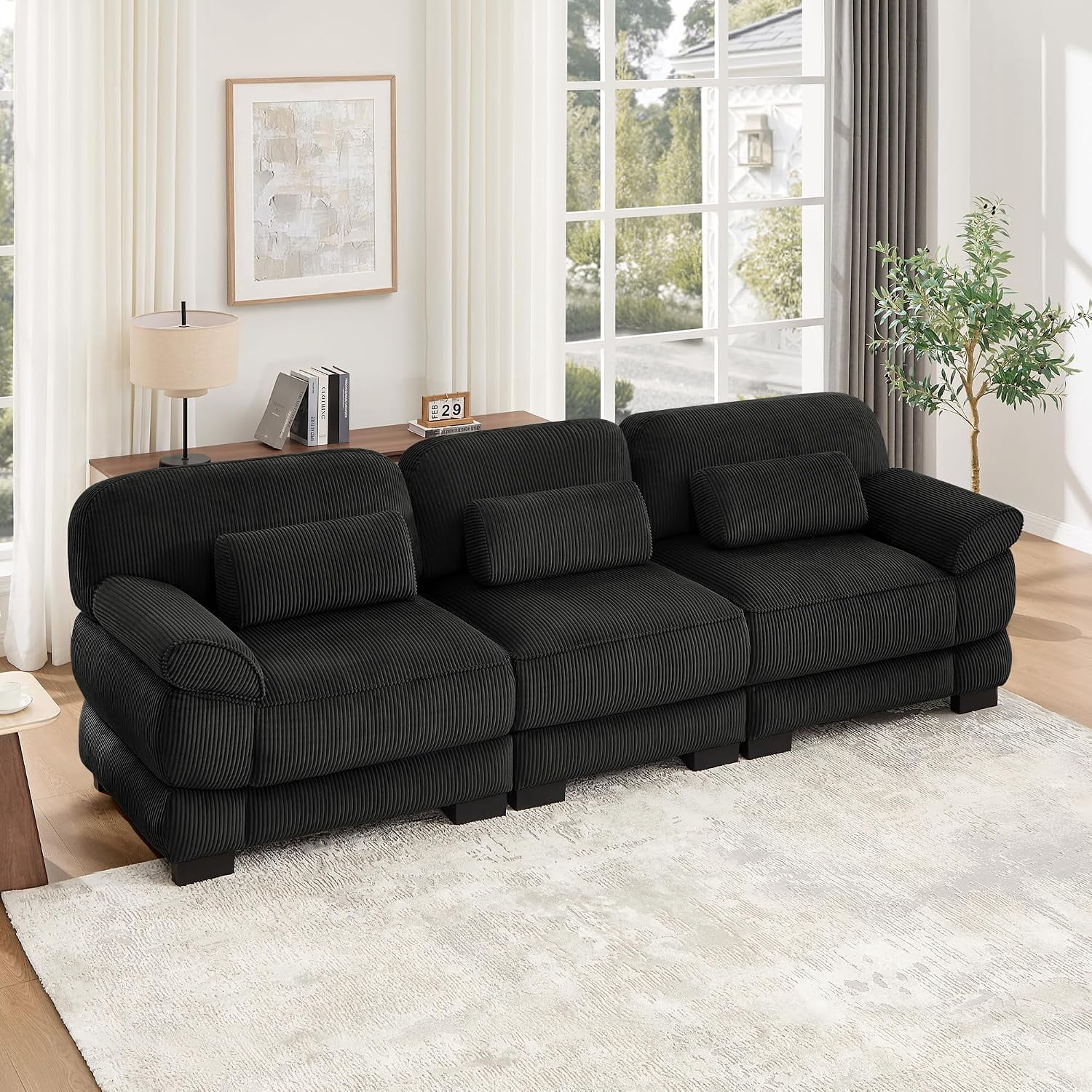 104'' Modular Sectional Couches, Cloud 3-Seater Sofa for Living Room, Black,21'' Extra Thick Seat Cushion, Detachable Armrest, Deep Seat, Corduroy Modular Sectional Sofa, 3 Pillows, 3-Seater Couches