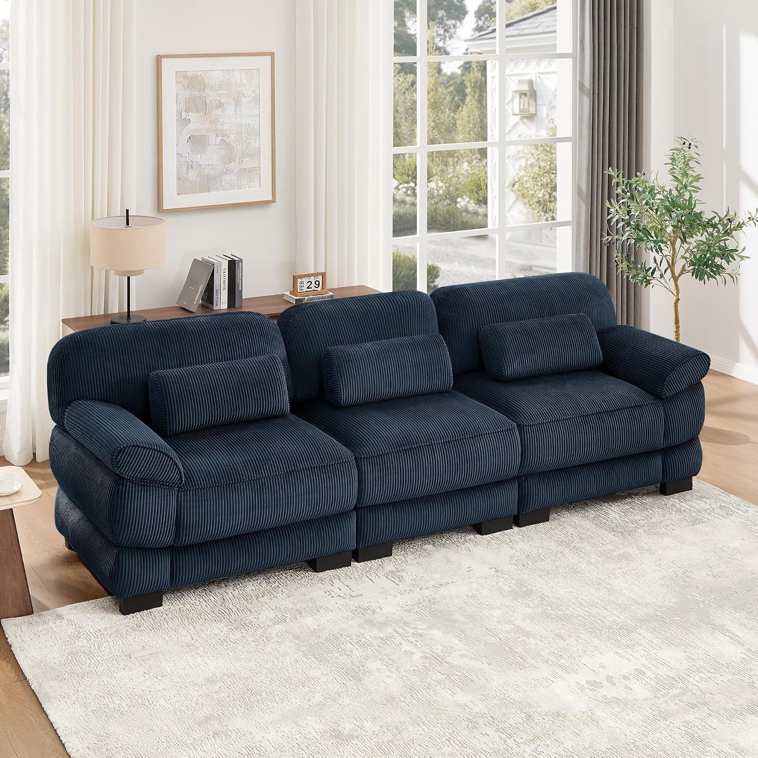 104'' Modular Sectional Couches, Cloud 3-Seater Sofa for Living Room, Blue,21'' Extra Thick Seat Cushion, Detachable Armrest, Deep Seat, Corduroy Modular Sectional Sofa, 3 Pillows, 3-Seater Couches