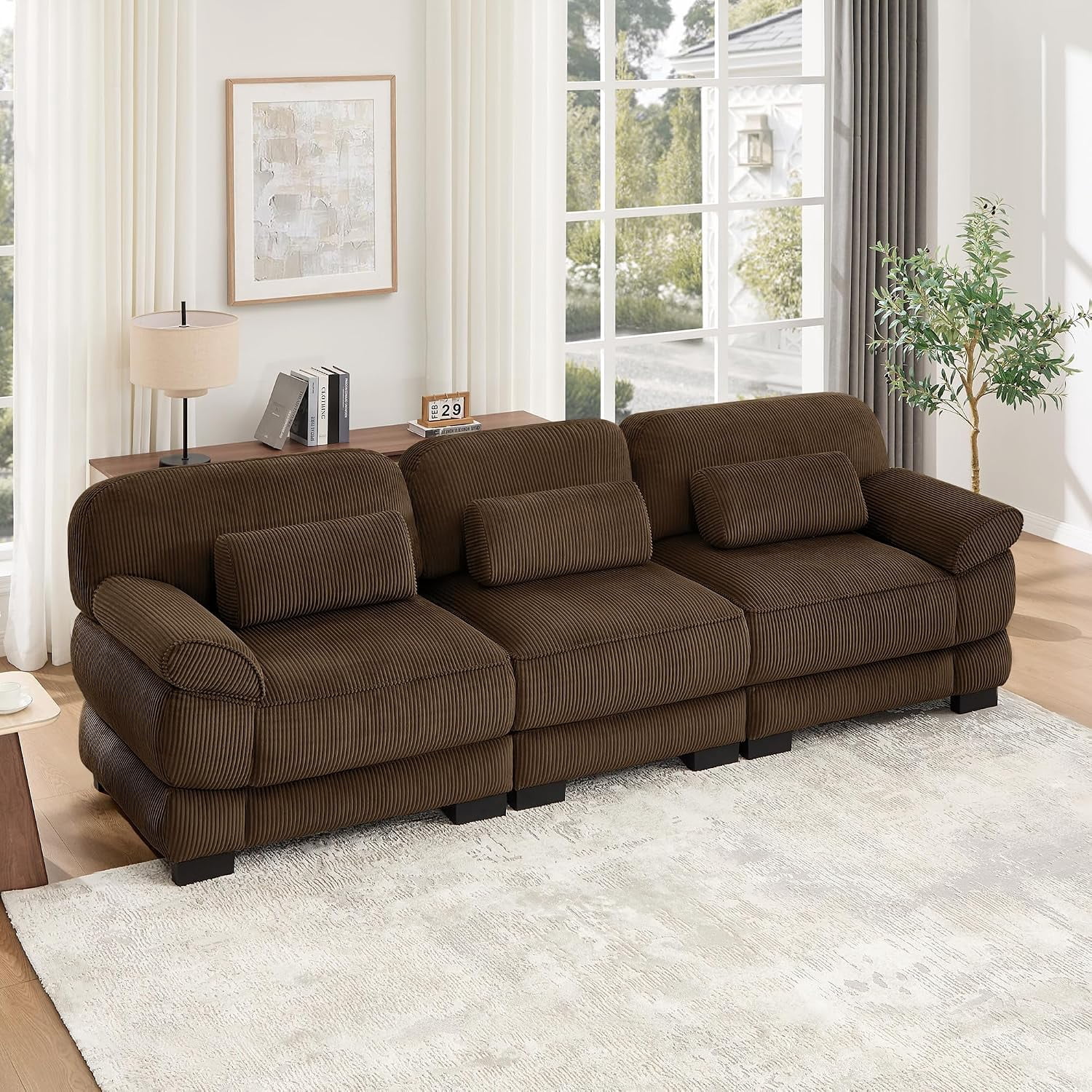 104'' Modular Sectional Couches, Cloud 3-Seater Sofa for Living Room, Brown,21'' Extra Thick Seat Cushion, Detachable Armrest, Deep Seat, Corduroy Modular Sectional Sofa, 3 Pillows, 3-Seater Couches