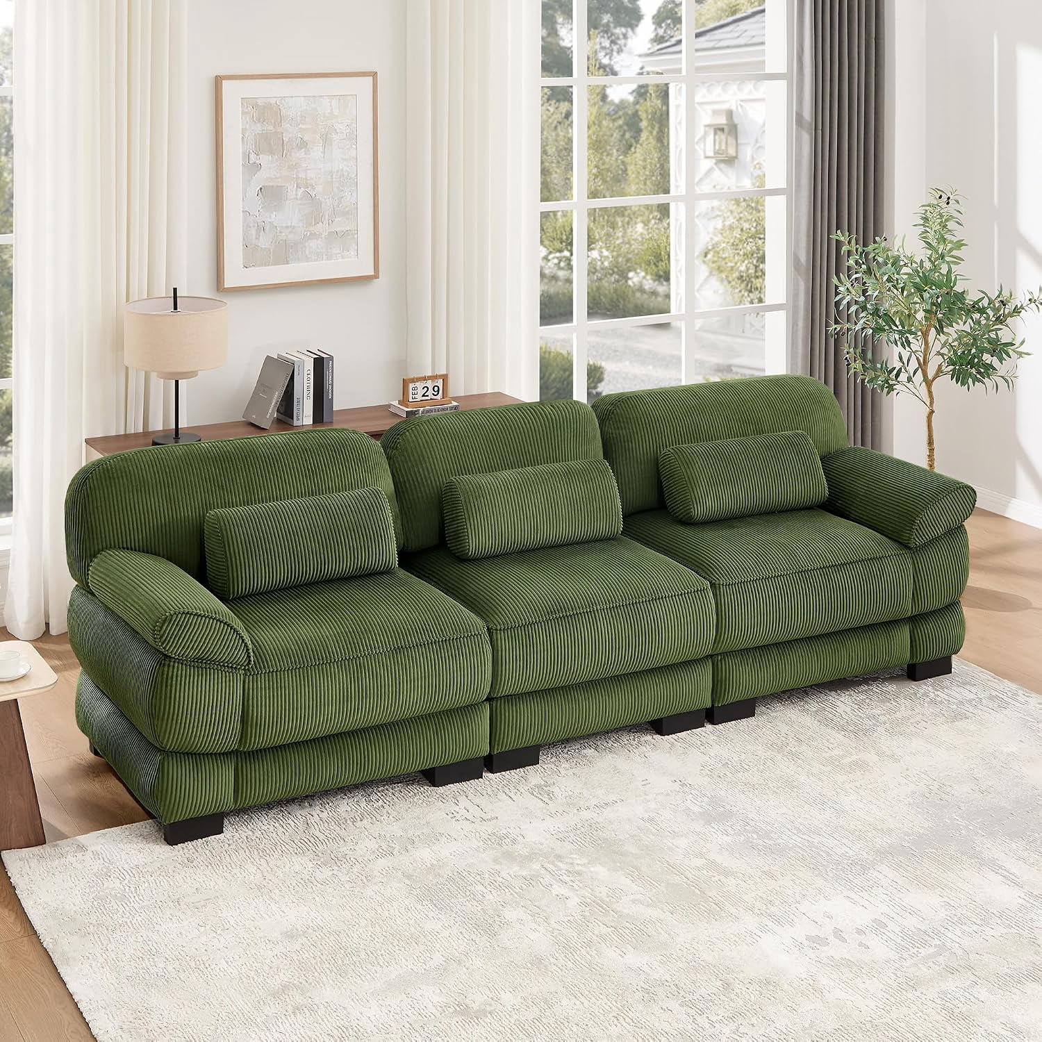 104'' Modular Sectional Couches, Cloud 3-Seater Sofa for Living Room, Green,21'' Extra Thick Seat Cushion, Detachable Armrest, Deep Seat, Corduroy Modular Sectional Sofa, 3 Pillows, 3-Seater Couches