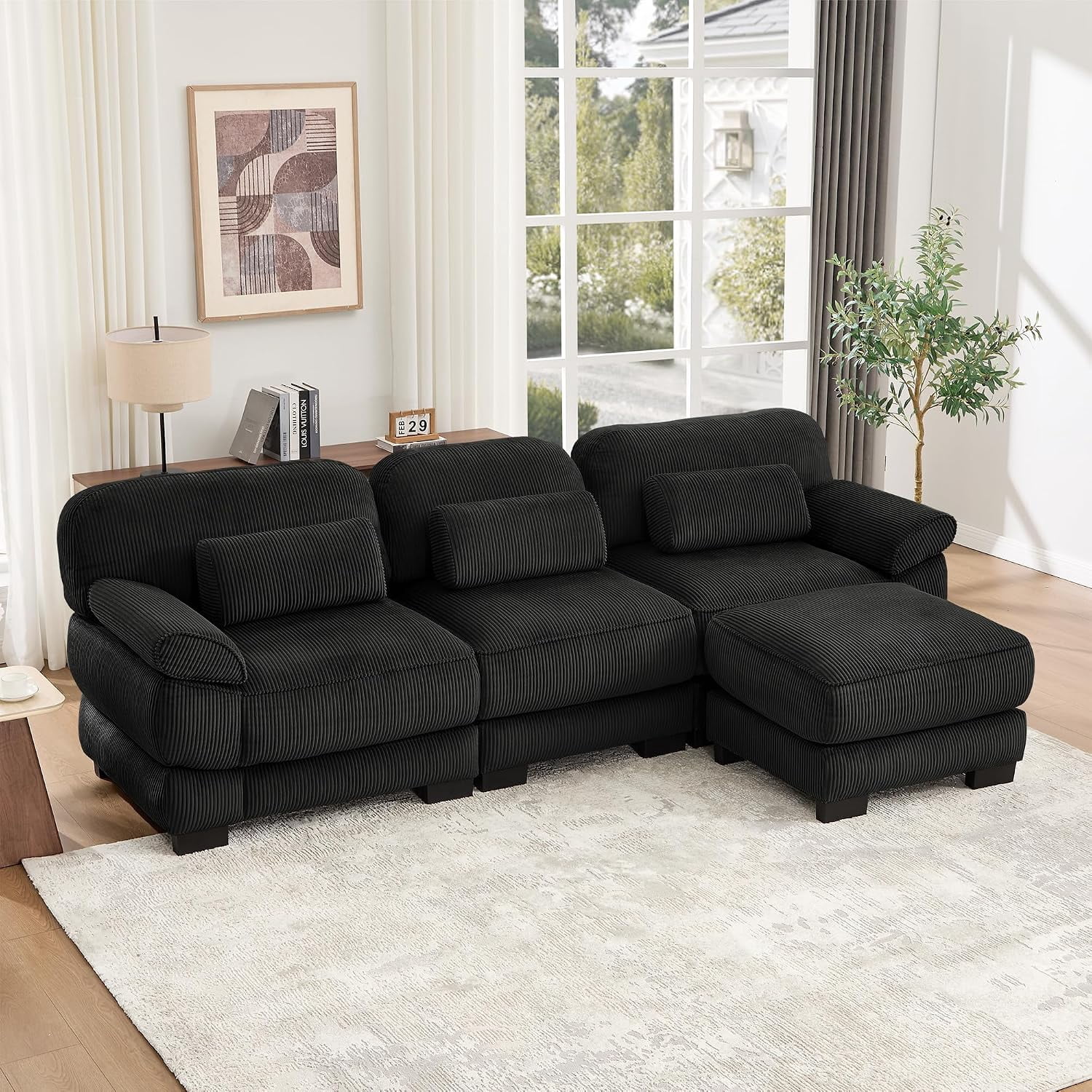 104'' Modular Sectional Couches, Cloud L Shaped Sofa for Living Room, Black,21'' Extra Thick Seat Cushion, Detachable Armrest, Deep Seat, Corduroy Cloud Sectional Sofa, 3-Seater Couches with Ottoman