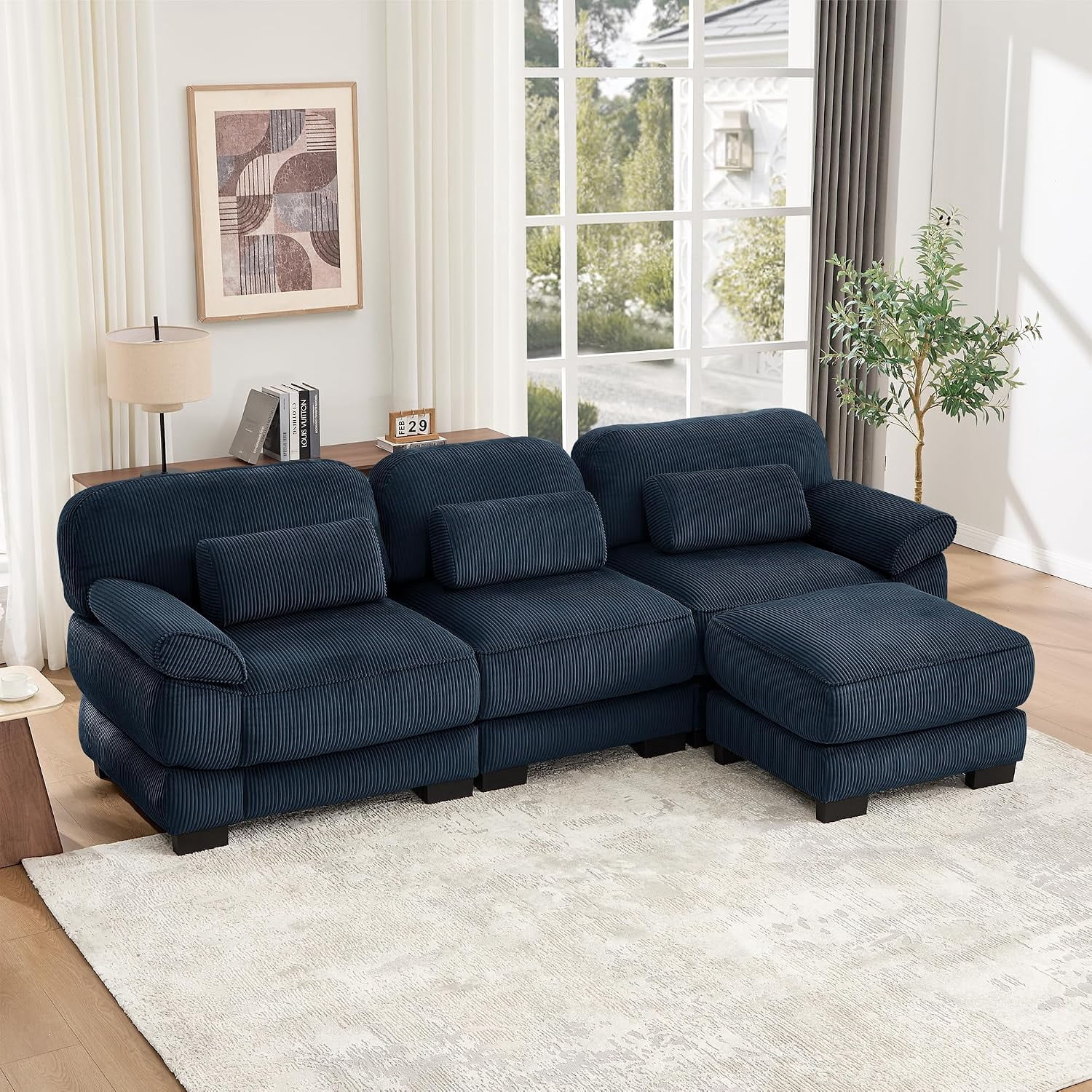 104'' Modular Sectional Couches, Cloud L Shaped Sofa for Living Room, Blue,21'' Extra Thick Seat Cushion, Detachable Armrest, Deep Seat, Corduroy Cloud Sectional Sofa, 3-Seater Couches with Ottoman
