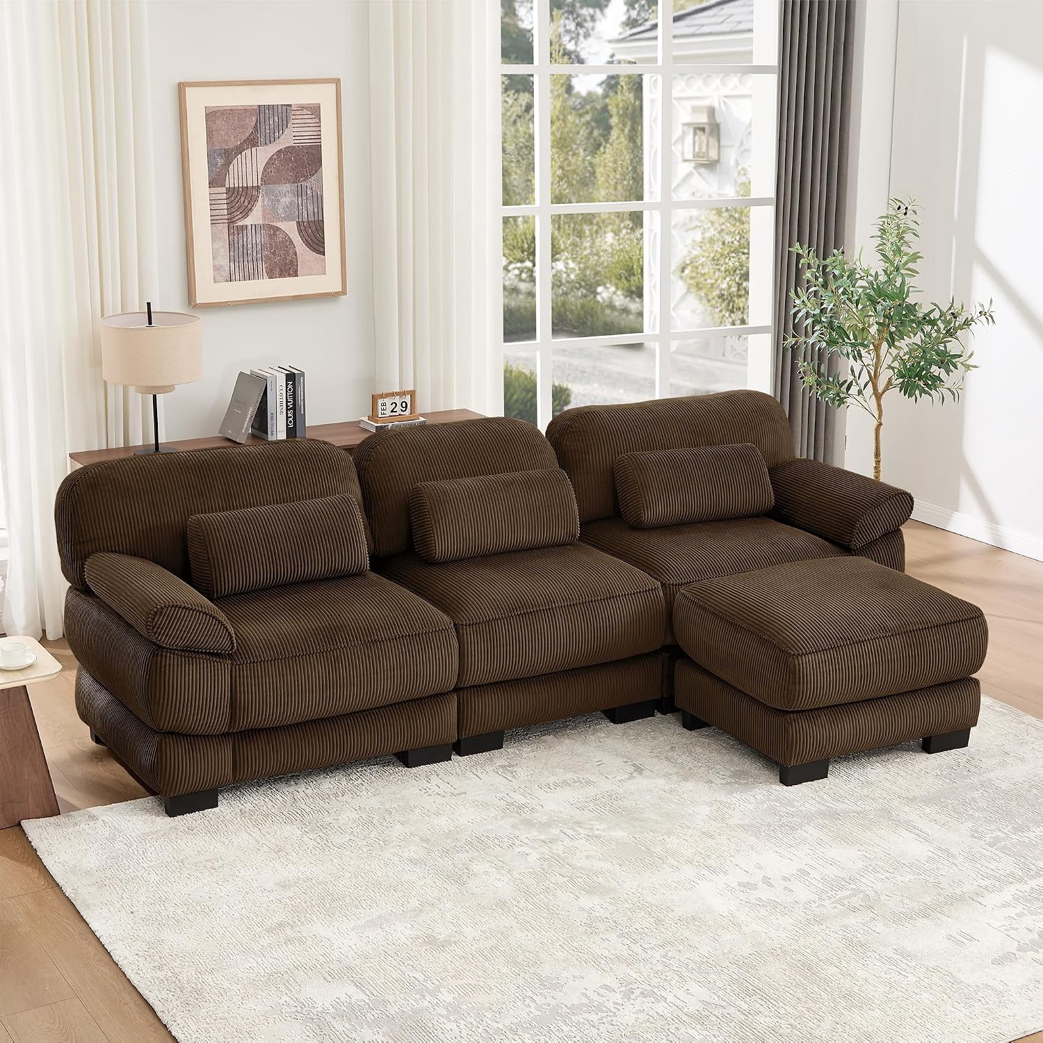 104'' Modular Sectional Couches, Cloud L Shaped Sofa for Living Room, Brown,21'' Extra Thick Seat Cushion, Detachable Armrest, Deep Seat, Corduroy Cloud Sectional Sofa, 3-Seater Couches with Ottoman