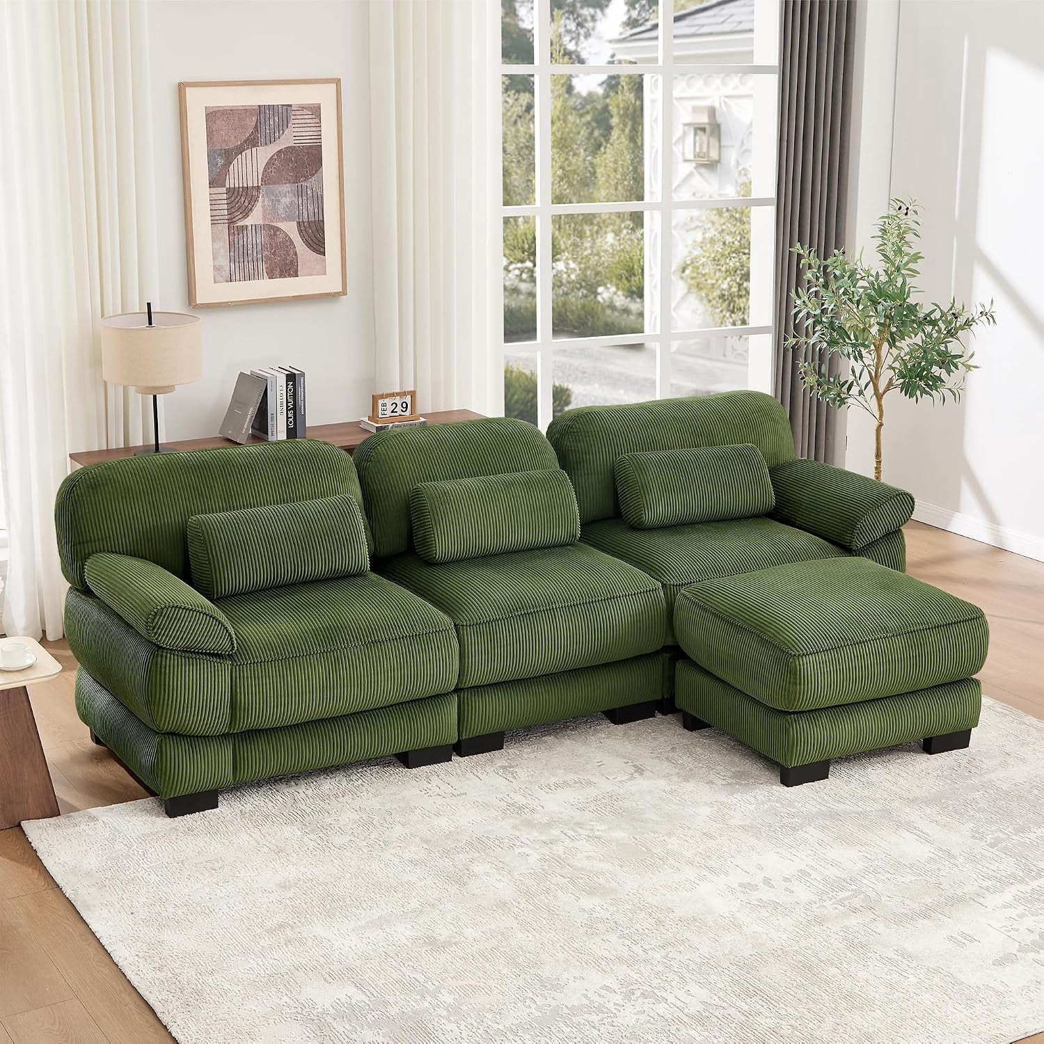 104'' Modular Sectional Couches, Cloud L Shaped Sofa for Living Room, Green,21'' Extra Thick Seat Cushion, Detachable Armrest, Deep Seat, Corduroy Cloud Sectional Sofa, 3-Seater Couches with Ottoman