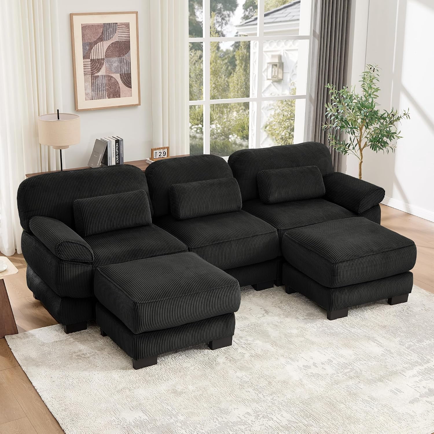 104''Modular Sectional Couches, Cloud U Shaped Sofa for Living Room, Black,21''Extra Thick Seat Cushion, Detachable Armrest, Deep Seat, Corduroy Modular Sectional Sofa, 3-Seater Couch with 2 Ottomans
