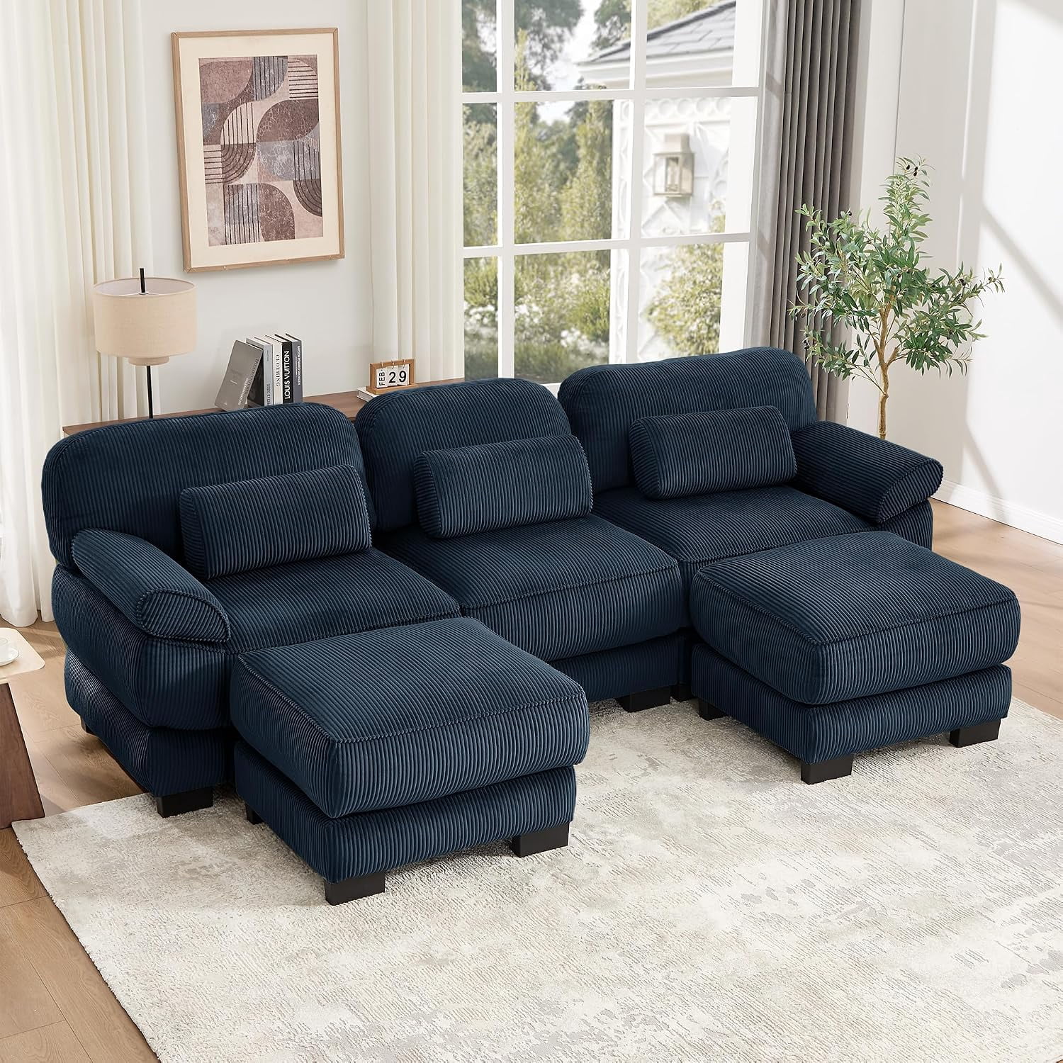 104''Modular Sectional Couches, Cloud U Shaped Sofa for Living Room, Blue,21''Extra Thick Seat Cushion, Detachable Armrest, Deep Seat, Corduroy Modular Sectional Sofa, 3-Seater Couch with 2 Ottomans
