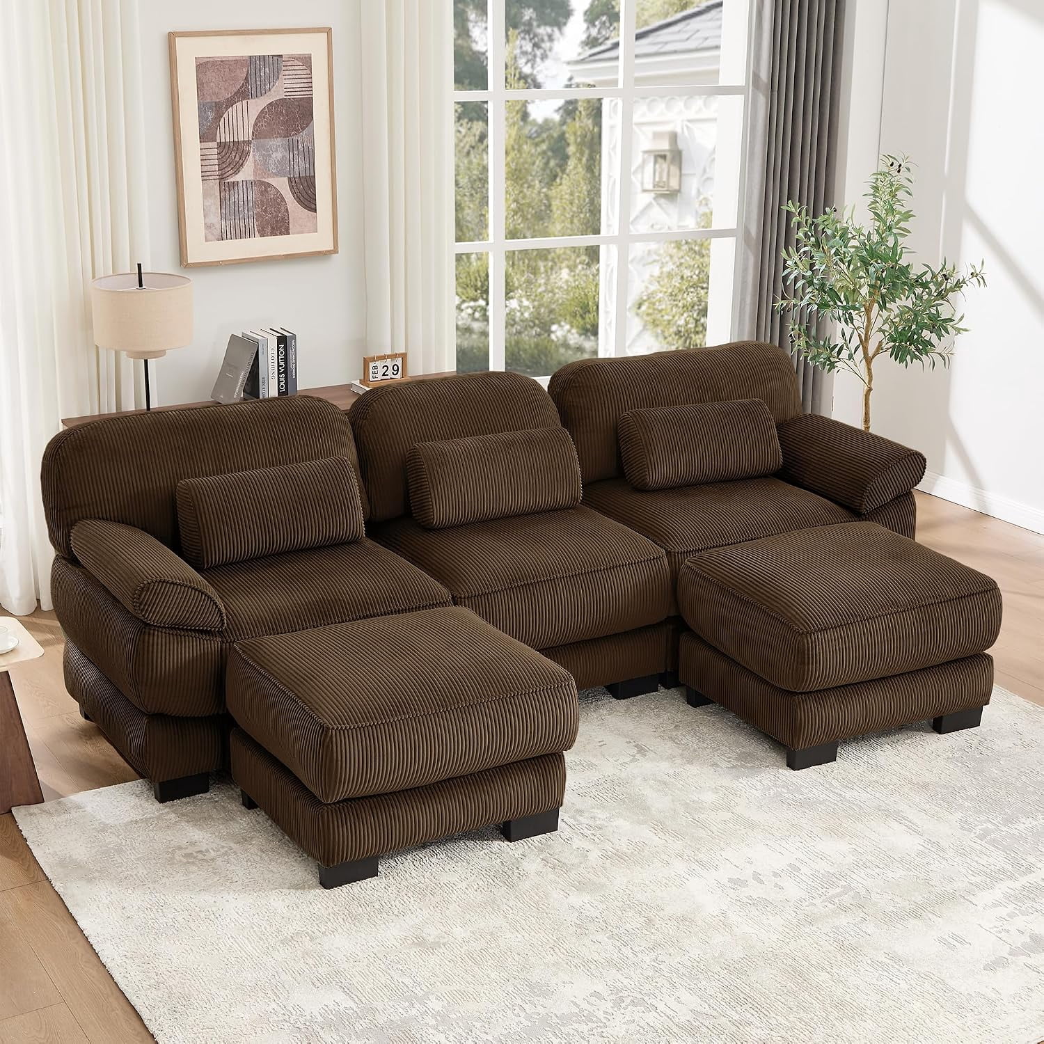 104''Modular Sectional Couches, Cloud U Shaped Sofa for Living Room, Brown,21''Extra Thick Seat Cushion, Detachable Armrest, Deep Seat, Corduroy Modular Sectional Sofa, 3-Seater Couch with 2 Ottomans