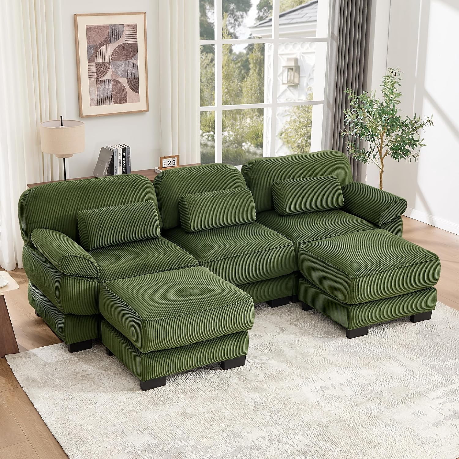 104''Modular Sectional Couches, Cloud U Shaped Sofa for Living Room, Green,21''Extra Thick Seat Cushion, Detachable Armrest, Deep Seat, Corduroy Modular Sectional Sofa, 3-Seater Couch with 2 Ottomans